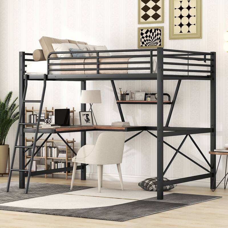 Full Size Loft Bed with Desk and Shelf, Black