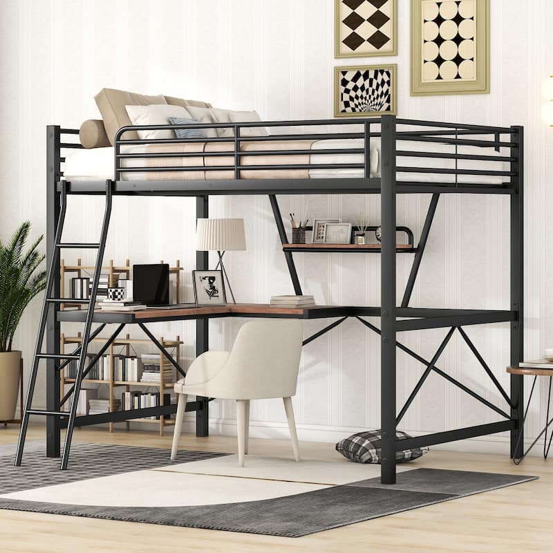 Full Size Loft Metal & MDF Bed w/Desk and Shelf