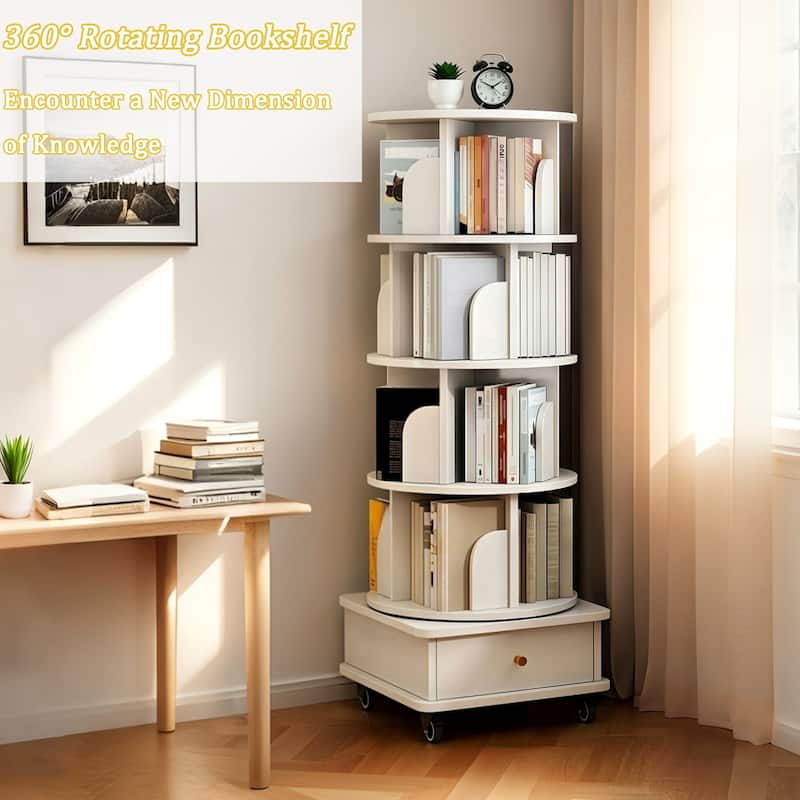 GDF Studio - Purling Modern 5-Tier Wood 360-Degree Rotating Bookshelf with Drawer Storage