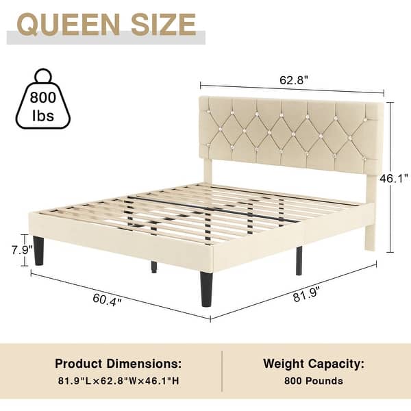 dimension image slide 12 of 18, VECELO Upholstered Beds With Diamond Tufted Headboard Platform Bed Frame 7.9'' Under Bed Space