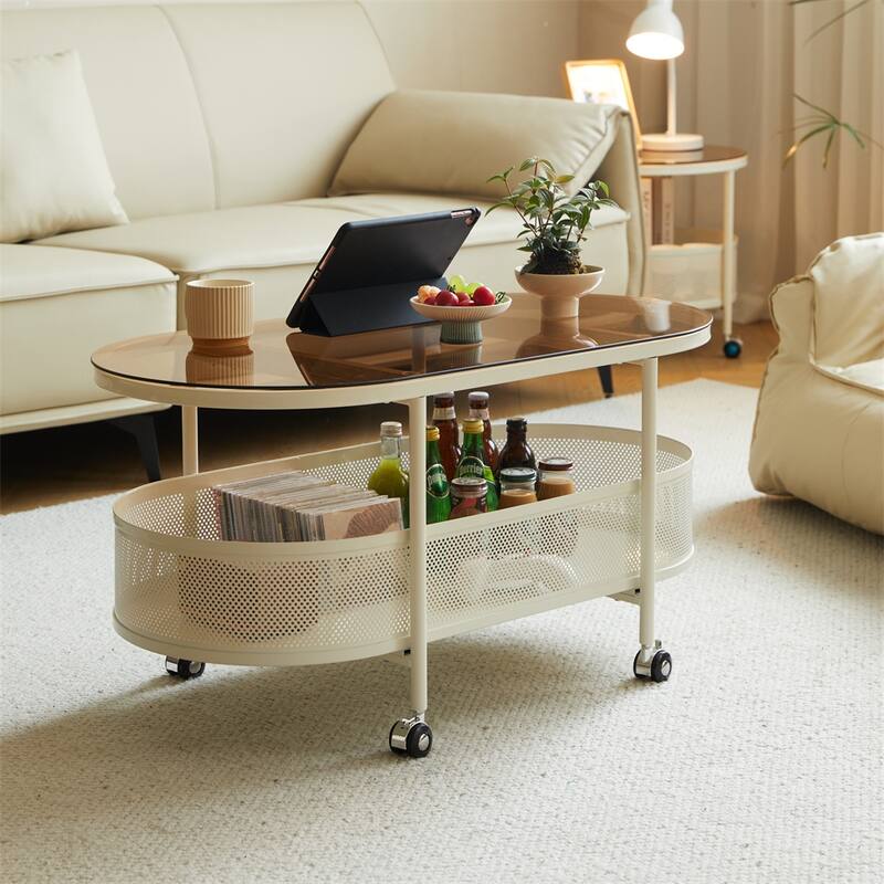 Rolling Oval Metal Coffee Table with Storage and Glass Top