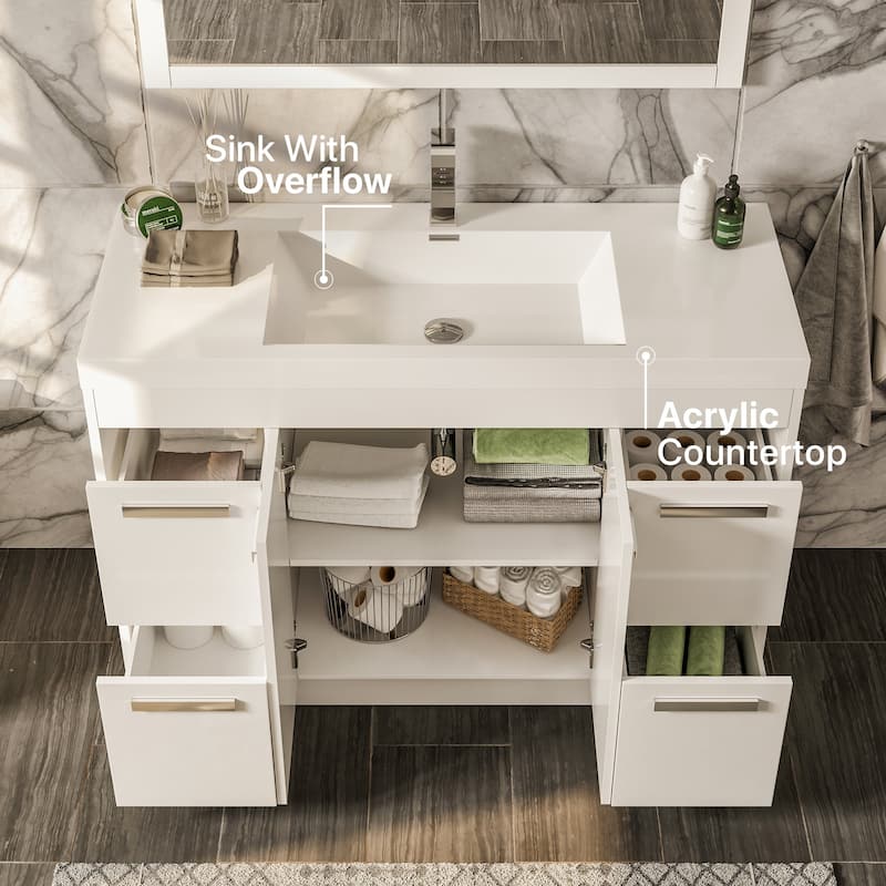 Eviva Lugano 42"W White Modern Bathroom Vanity with WH Acrylic Top - 42"
