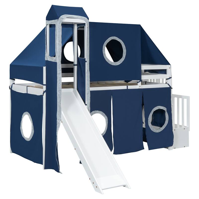 Blue Twin Loft Bed with Tent, Tower, and Playhouse Design for Kids