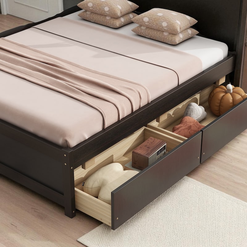 Full Size Bed with L-Shaped Bookcases, Power Outlets, USB Ports and 2 Storage Drawers