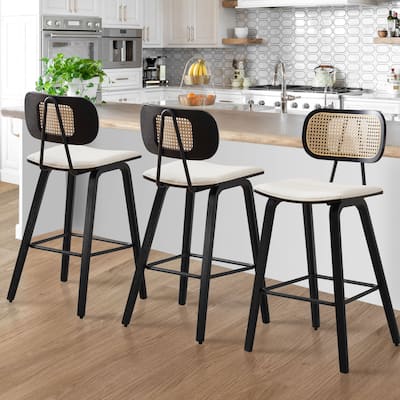 26-inch Wood Counter Height Bar Stools with Rattan Back