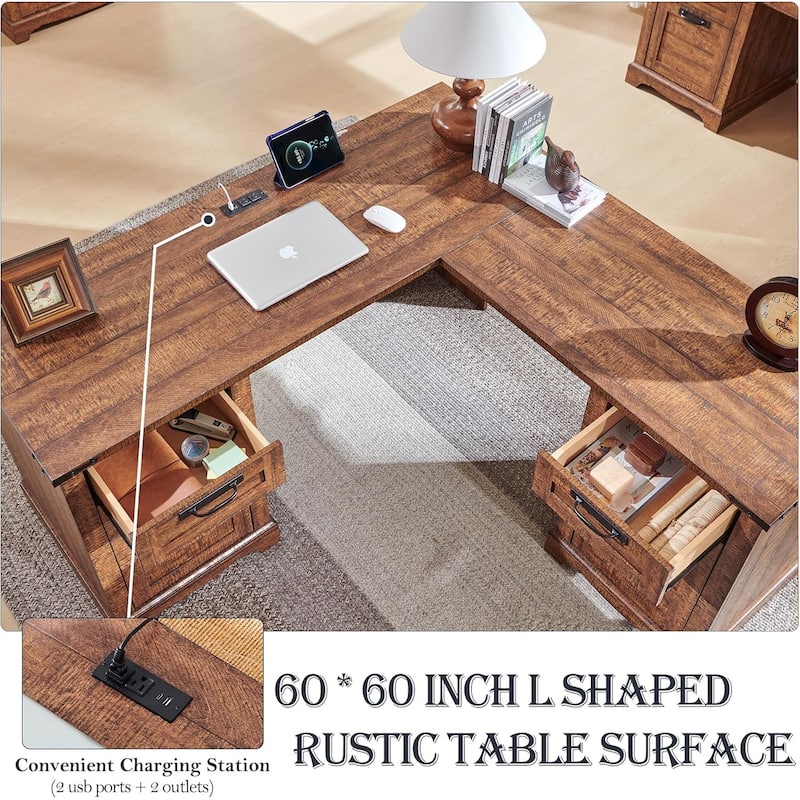 60" Farmhouse L Shaped Executive Desk, Wood Corner Desk, Computer Desk