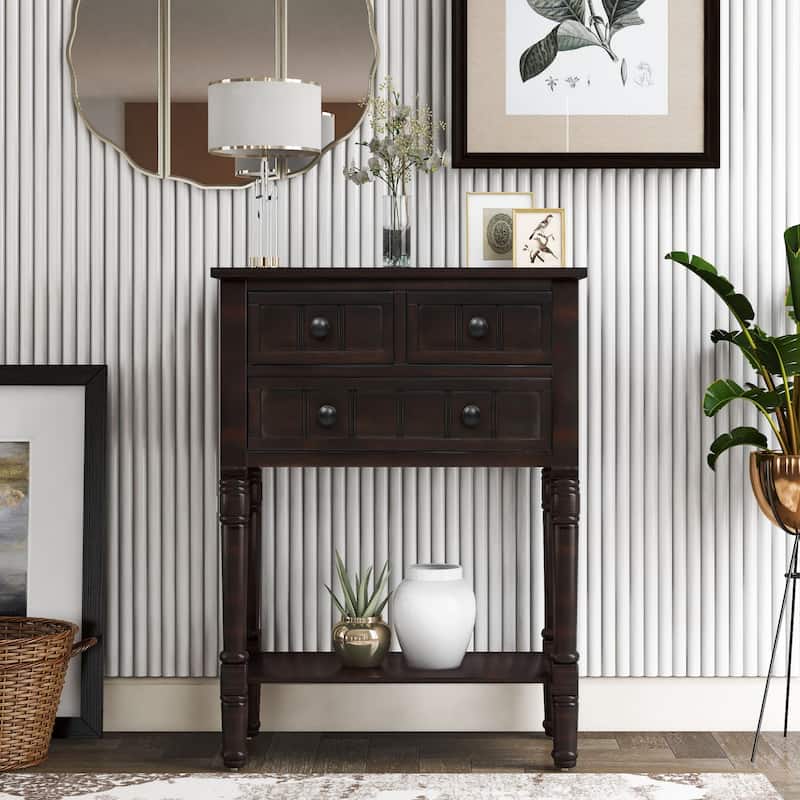 Cusp Barn Narrow Console Table, Slim Sofa Table with Three Storage Drawers and Bottom Shelf for Living Room, Easy Assembly - Espresso