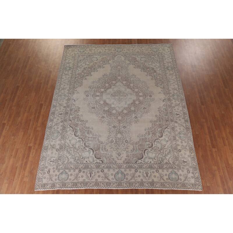 Hand Knotted Oriental 100% Wool Carpet Traditional Medallion Beige & Ivories Tabriz Area Rug - 12' 2'' X 9' 8''