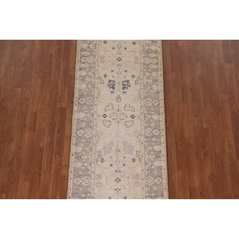 Hand Knotted Oriental 100% Wool Carpet Transitional Geometric Beige & Ivories Oushak Runner Rug - 9' 8'' X 2' 8''