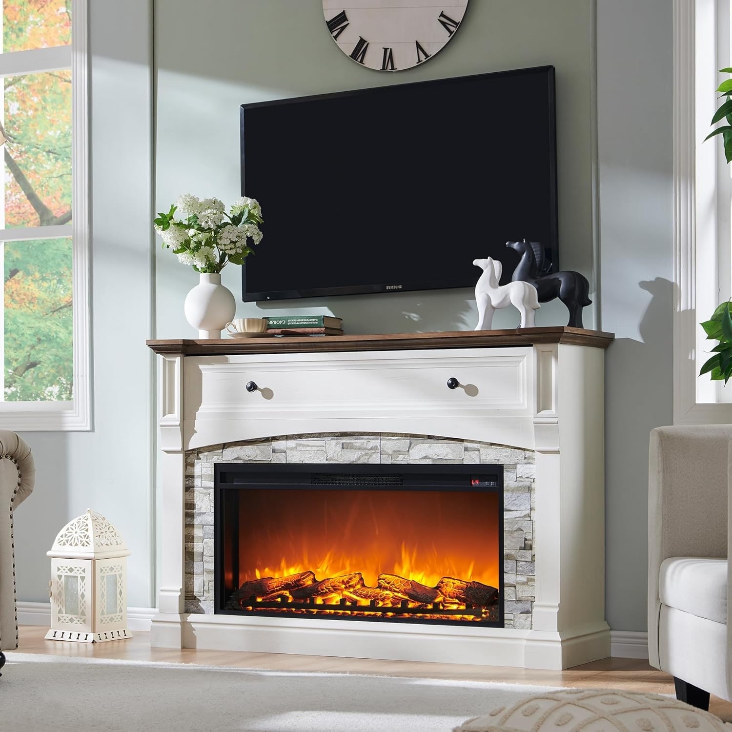 Farmhouse Fireplace TV Stand with Mantel Tall Entertainment Center