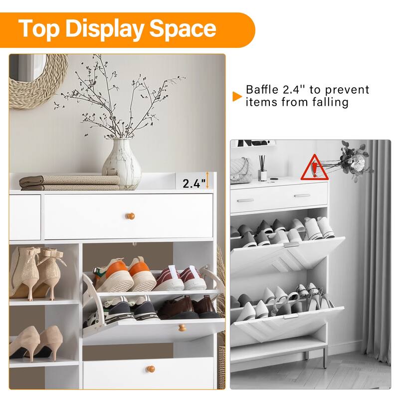 White Shoe Cabinet with 4 Drawers and Storage Compartments for Entryway Hallway Organization - 50.39”W x 9.84”D x 42.13”H