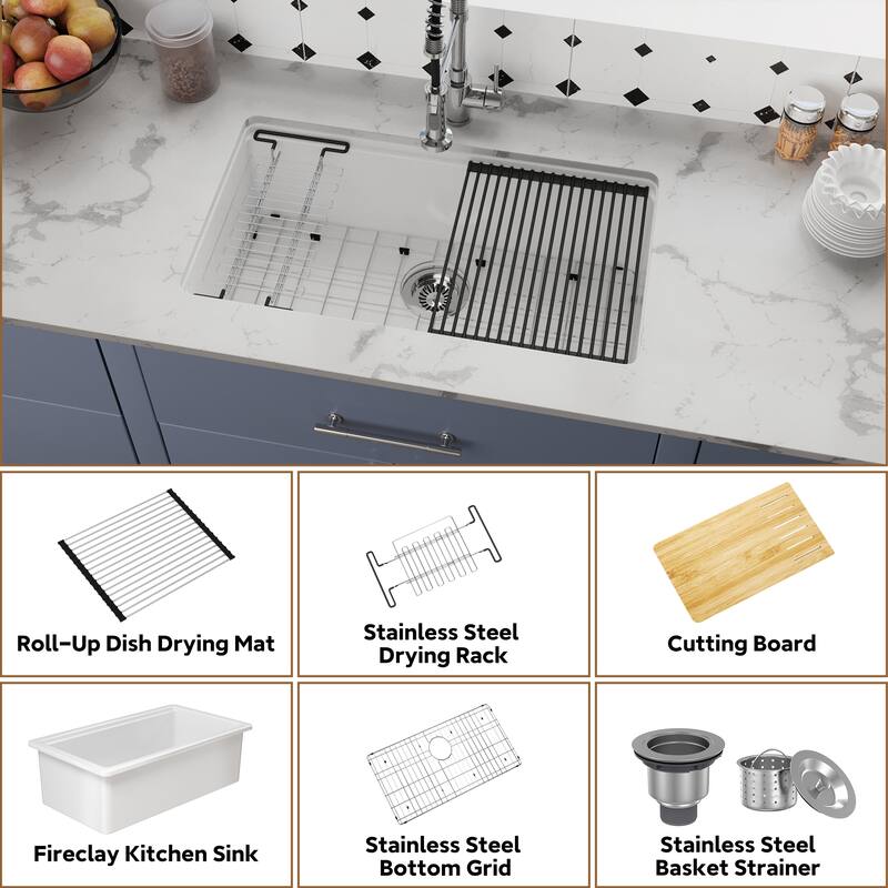 33 in. Undermount Single Bowl Fireclay Workstation Kitchen Sink with Drying Rack & Cutting Board - Includes Accessories