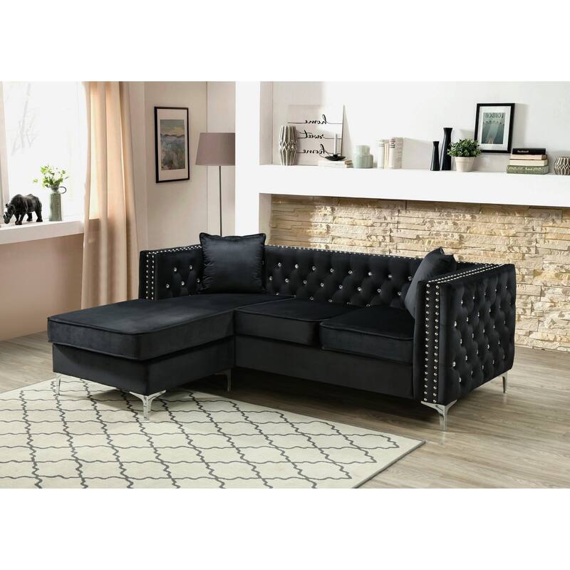 Black Velvet Sofa Chaise, KD Design, Chromed Steel Legs, 87x64x30 inches, 143 lbs