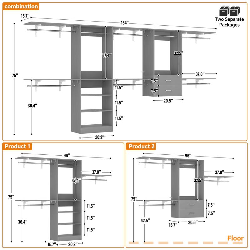 Closet System with 2 Sets, 154'' Walk-in Closet Organizer System with 2 Drawers & 8 Hanging Rods & 6 Reversible Shelf Towers