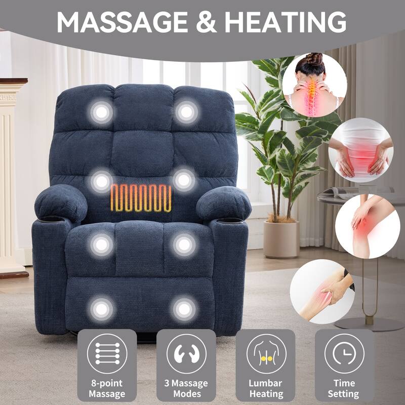 Swivel Recliner Chair with Heat & Massage, Oversized Fabric Manual Recliner Chair, Single Sofa with Cup Holders & Side Pocket