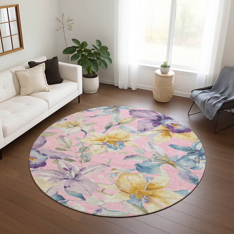 Machine Washable Indoor/ Outdoor Modern Floral Chantille Rug