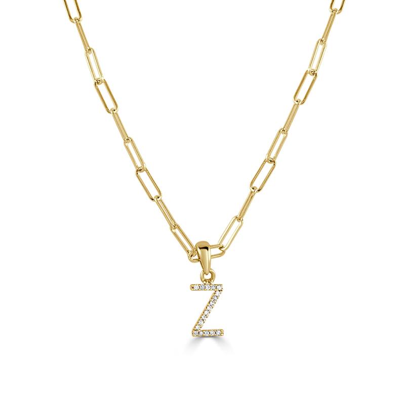 Joelle Collection Diamond Initial Letter Necklace Paperclip 14K Gold 16-inch Chain 1/10 TDW Necklace - Z - Yellow