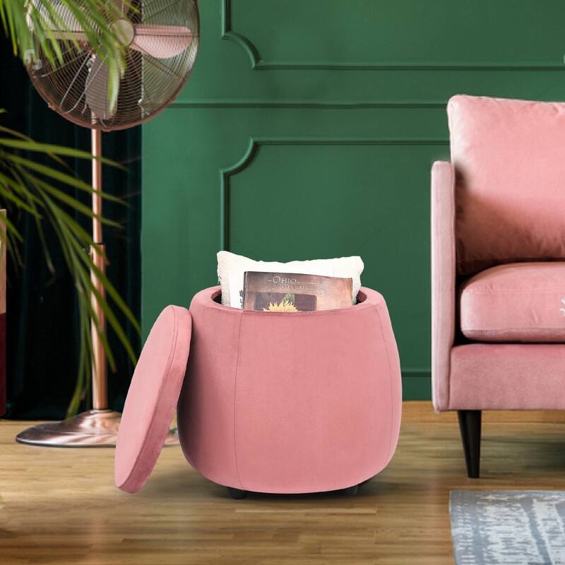 Adeco Velvet Round Storage Ottoman with Removable Lid, Footrest Stool