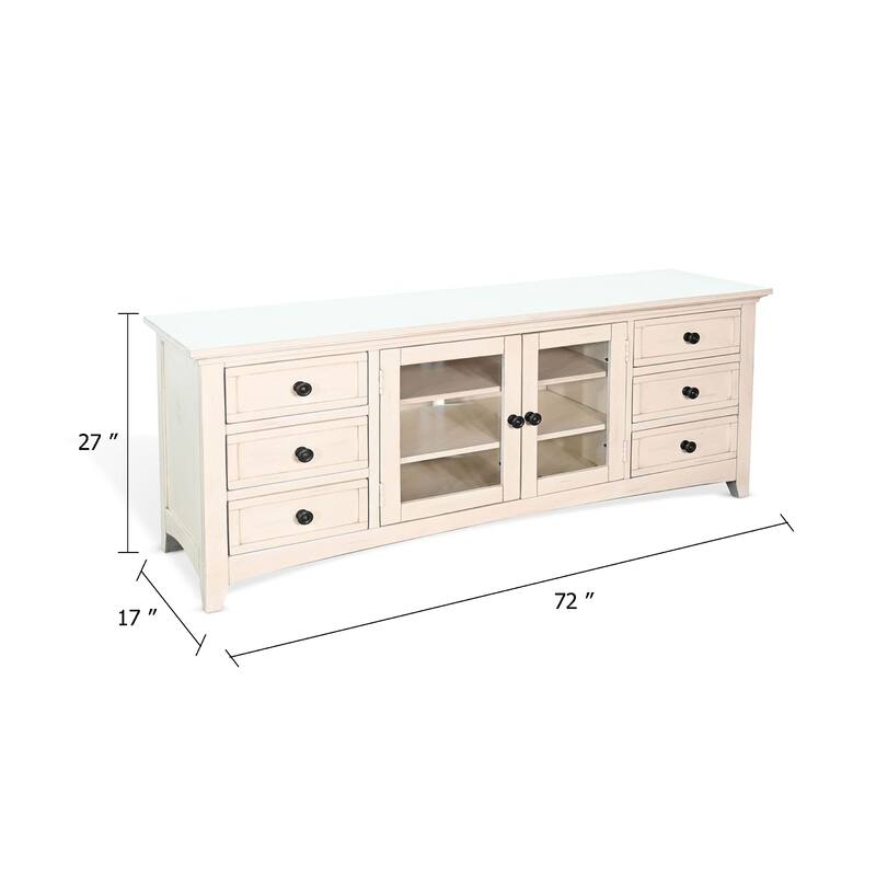 Xyla 72 Inch TV Stand Media Cabinet, Glass Door, 6 Drawers, White