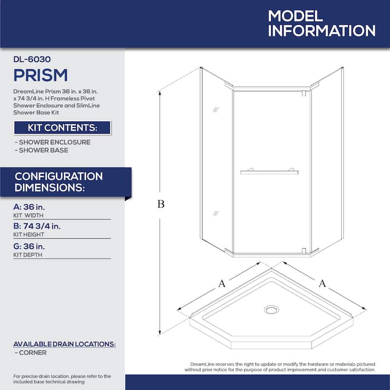 DreamLine Prism 36 in. x 36 in. x 74 3/4 in. H Pivot Shower Enclosure and Shower Base Kit - 36" x 36" - 36" x 36"