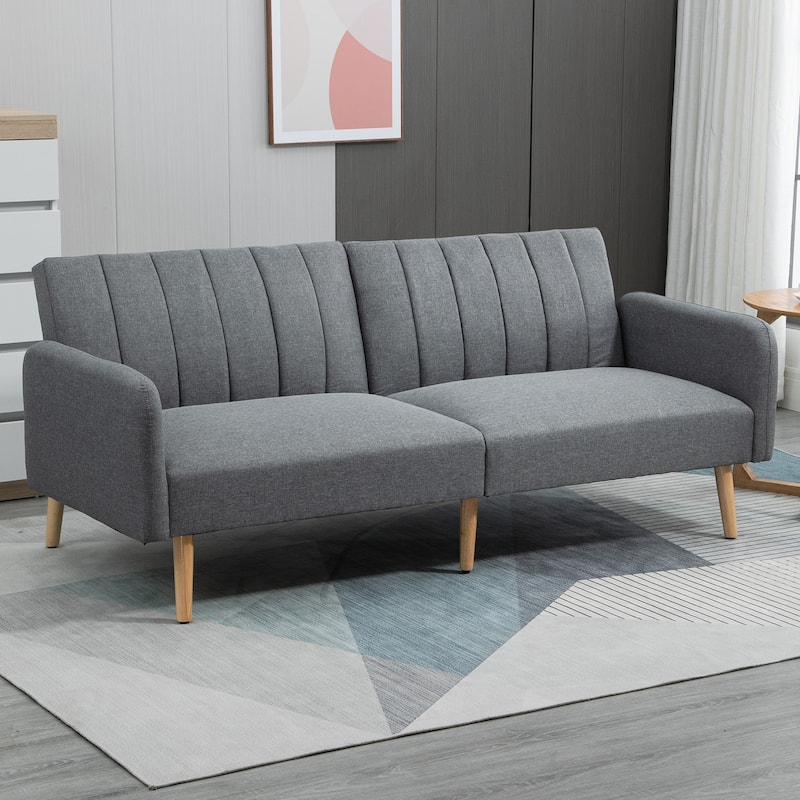 HOMCOM Two Seater Sofa Bed, Convertible Futon Couch Bed, Linen Upholstered Loveseat with Adjustable Backrest for Small Spaces - 78.25" x 32.25" x 31.5" - Grey