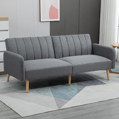 HOMCOM Two Seater Sofa Bed, Convertible Futon Couch Bed, Linen Upholstered Loveseat with Adjustable Backrest for Small Spaces