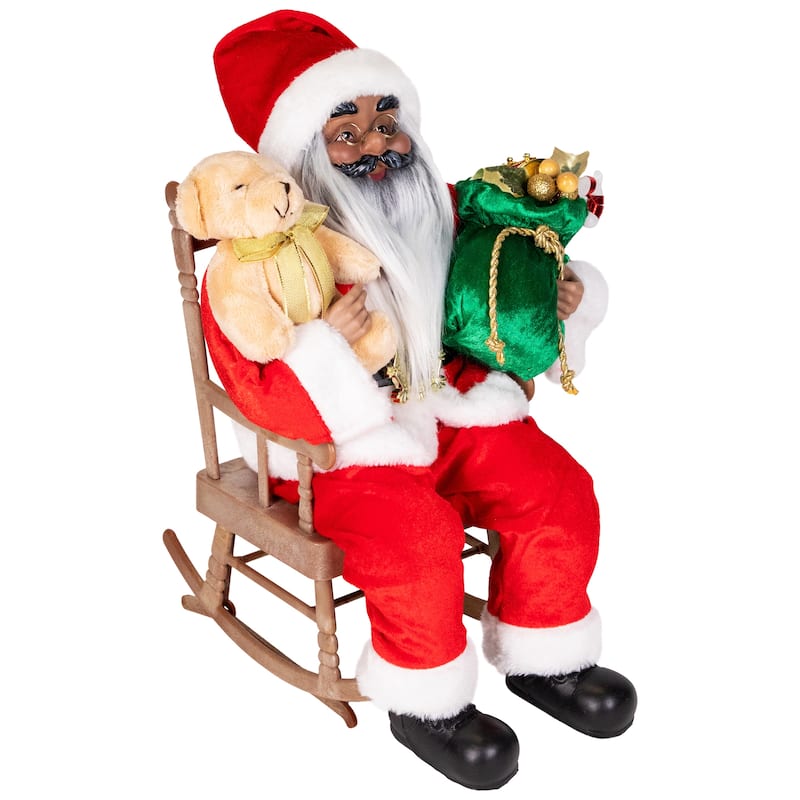 Animated and Musical African American Santa Rocking Chair Christmas Decoration - 14"