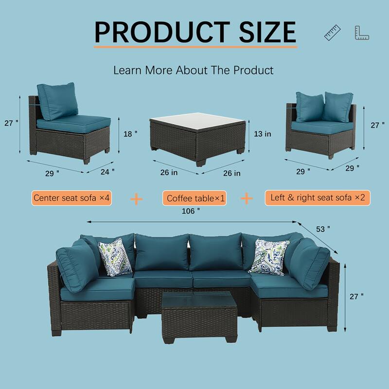 7-Piece Wicker Outdoor Sectional Set with Glass Table and Cushions