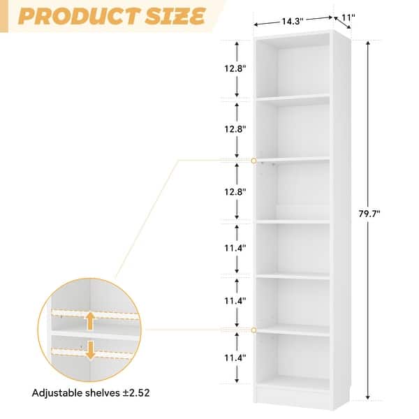 dimension image slide 3 of 6, 80" Tall 6-Tier Bookcase With 2 Adjustable Shelves, Modern Open Storage Shelf for Home Office and Bedroom