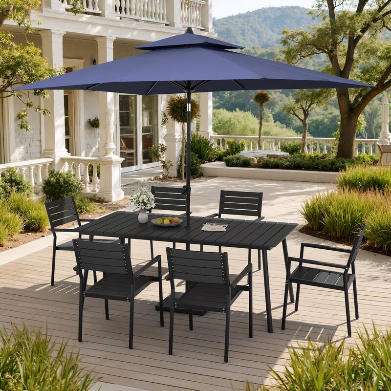 9PC Outdoor Patio Dining Set Aluminum Table with Stackable Armchairs w/ Market Umbrella Set - BlackTable&BlackChairs&NavyBlueUmbrella