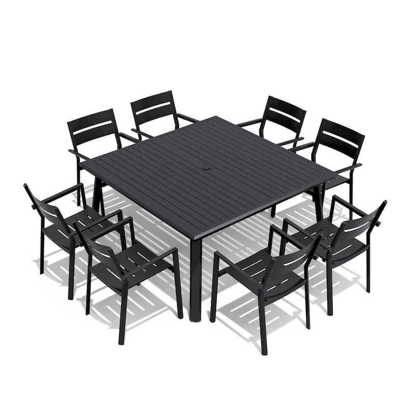 9-Piece Outdoor Patio Dining Set All-Weather Aluminum Square Table with Umbrella Hole and Stackable Chairs