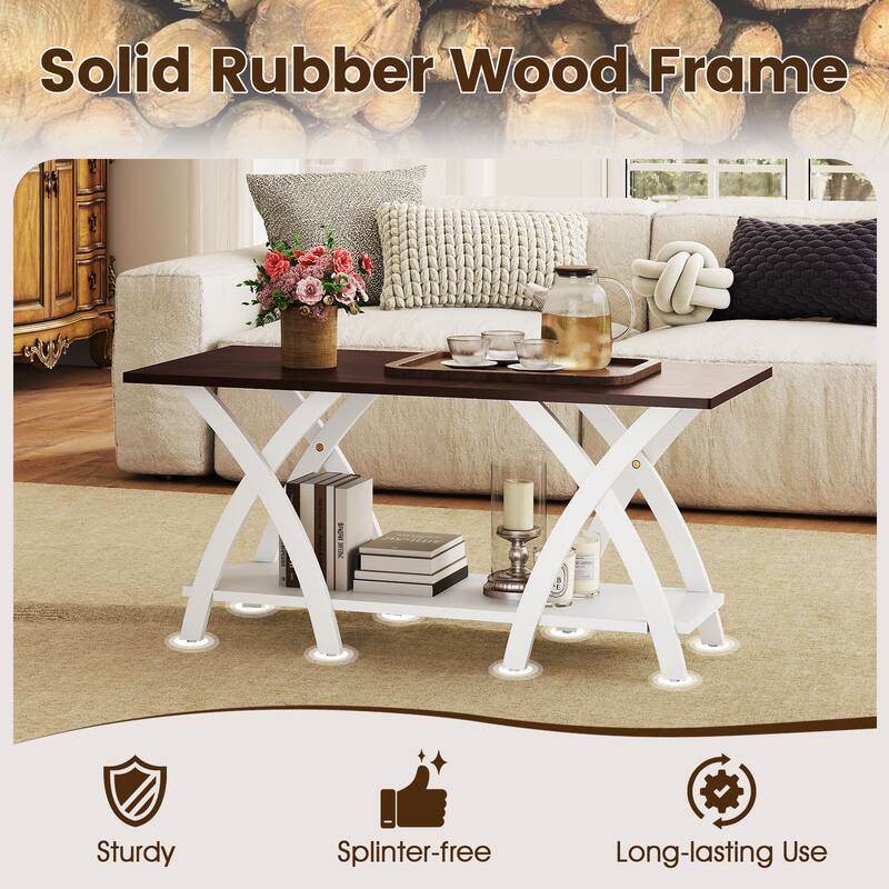 Gymax 2-Tier Coffee Table w/Storage Shelf & X-shaped Legs for Living