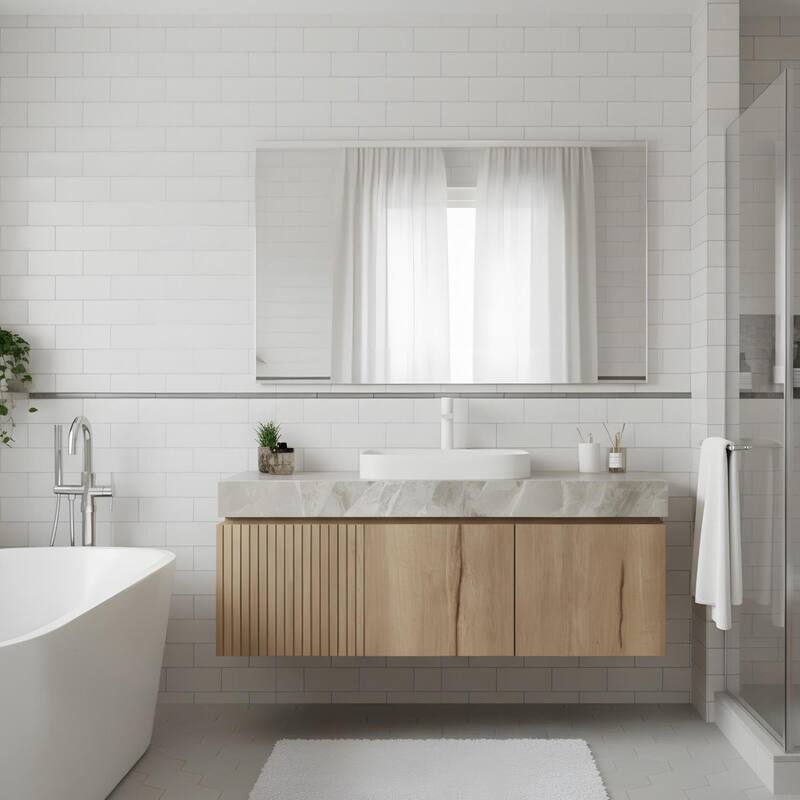 Floating Bathroom Vanity with 1 Pre-drilled Faucet Holes - 48 - White Oak