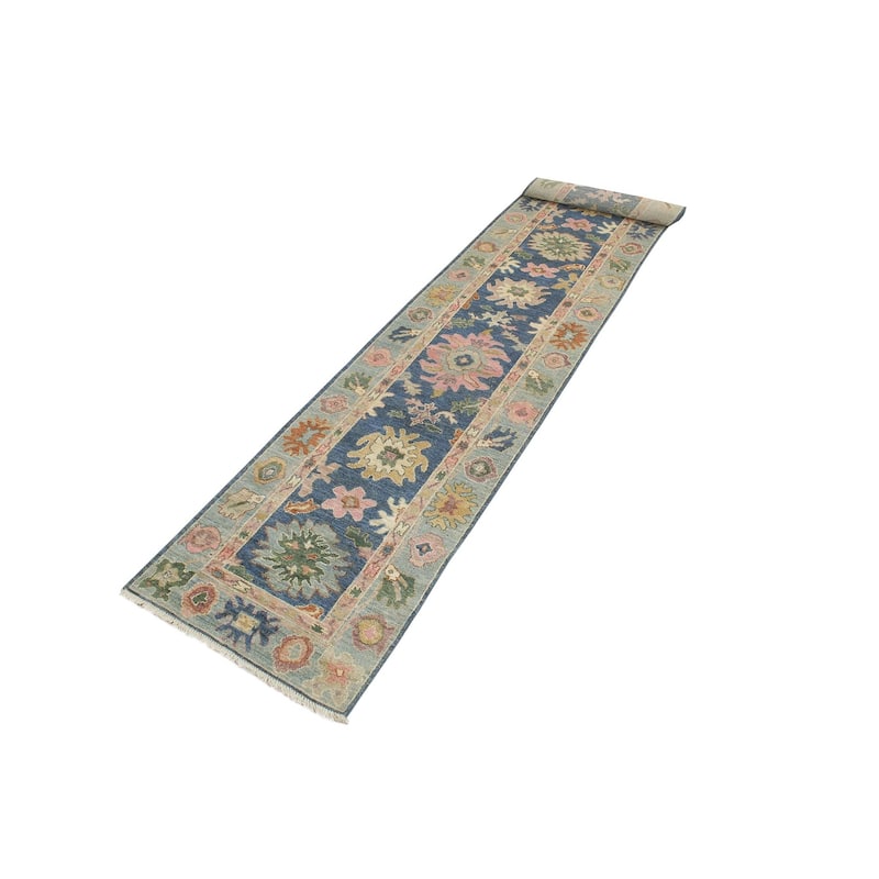 Oushak Gardiner Blue Beige Hand-Knotted Wool Runner - 2'8'' x 18'11''