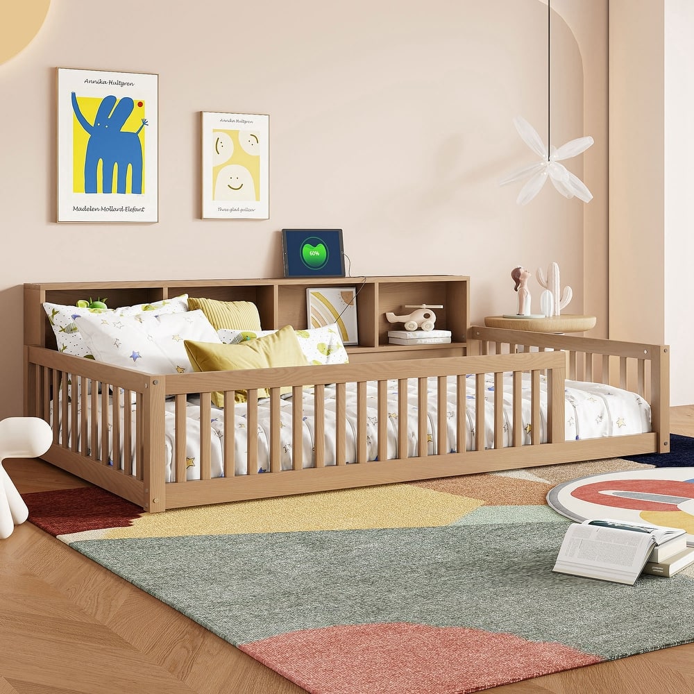 Wood Twin XL Size Floor Bed with Storage and USB Ports