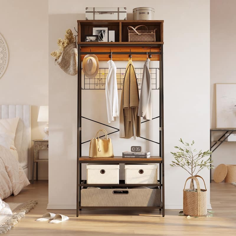 5 in 1 Hall Tree with Cabinet Coat Rack with 3-Tier Shoes Organizer - 70 inches