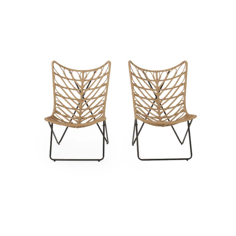 Fordy Outdoor Chair Set of 2, Curved Seat, Brown Rattan, Black Metal