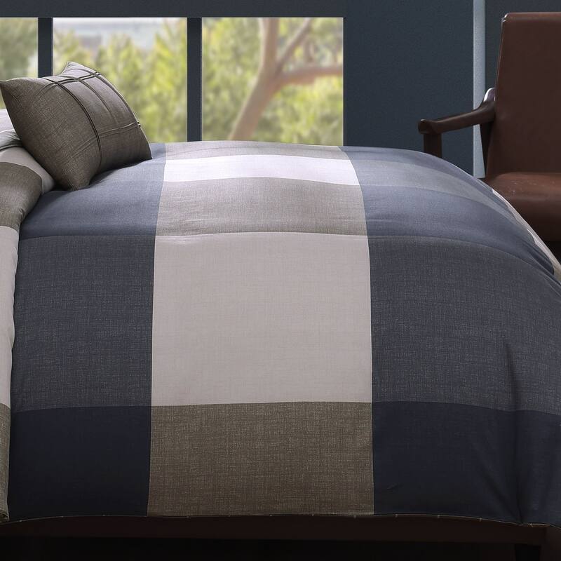 Bebejan Checkered Navy Tan 100% Cotton Sateen 5 Piece Reversible Comforter Set