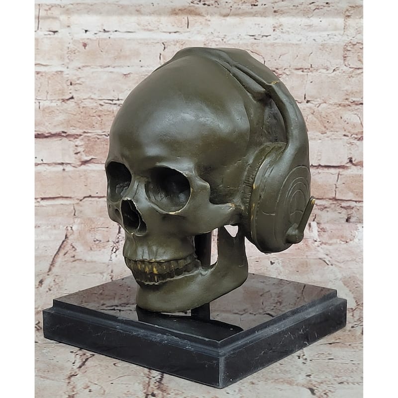 Skull With Headphones Bronze Sculpture - Modern Gothic Music Art