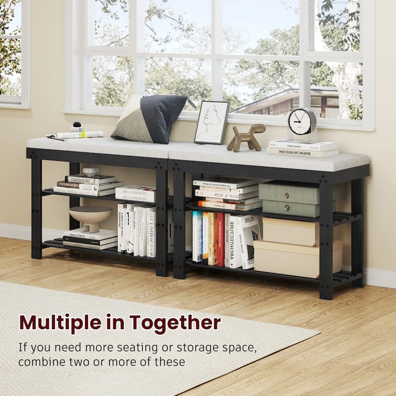 Bamboo Shoe Bench, 3-Tier Shoe Rack, Entryway Bench with Cushion and Adjustable Shelves