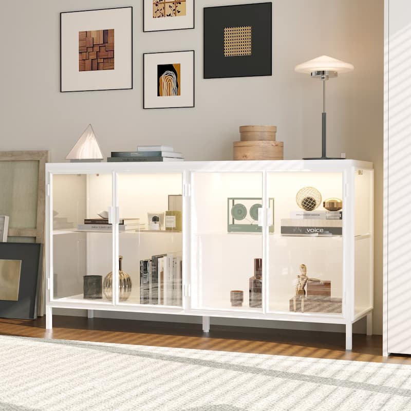 Black Metal & Glass Display Cabinet with LED Lights Accent Cabinet - 55.1"W