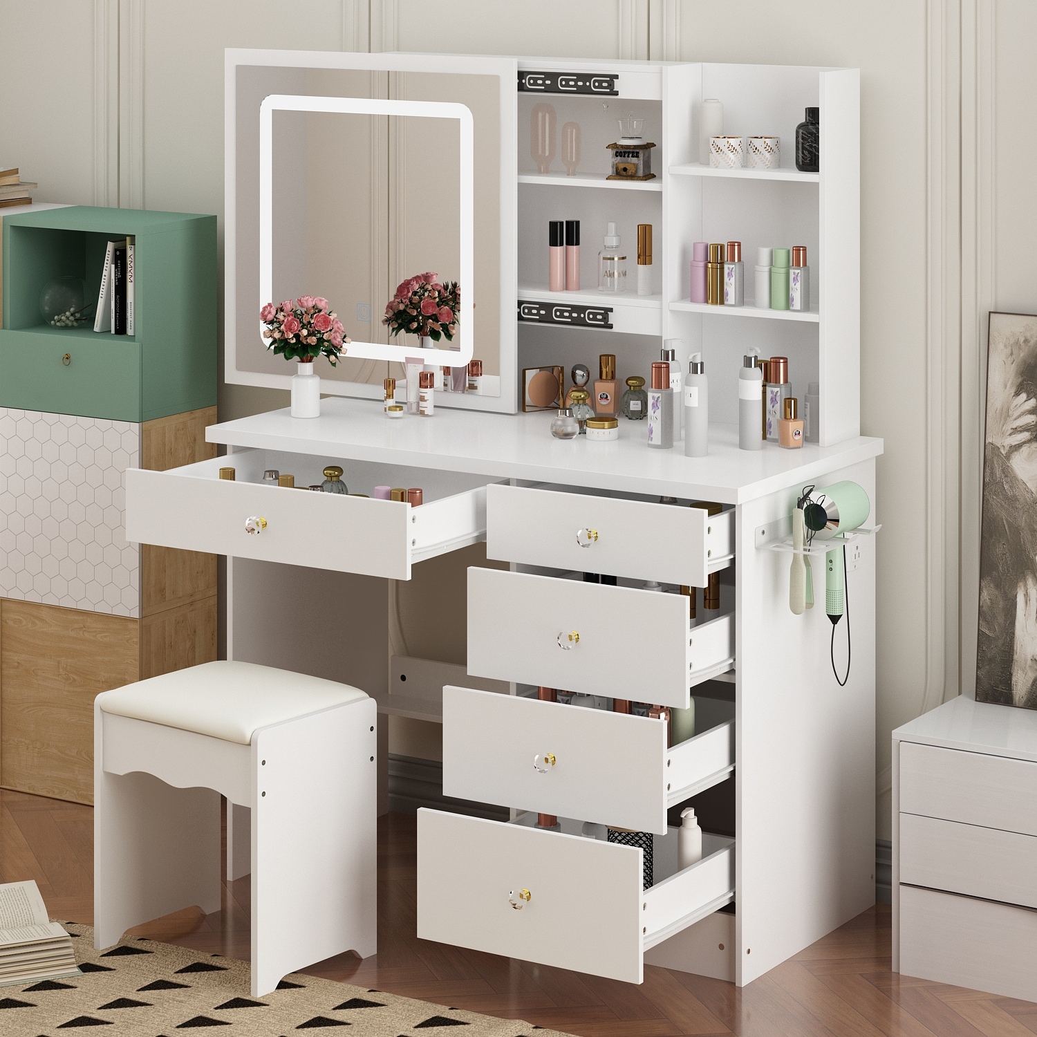 Cardone makeup station vanity on sale set with stool and mirror
