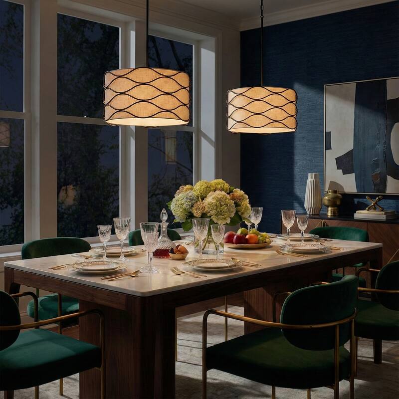 Acroma 4-light Modern Wave Frame Drum Chandelier with Fabric Shade