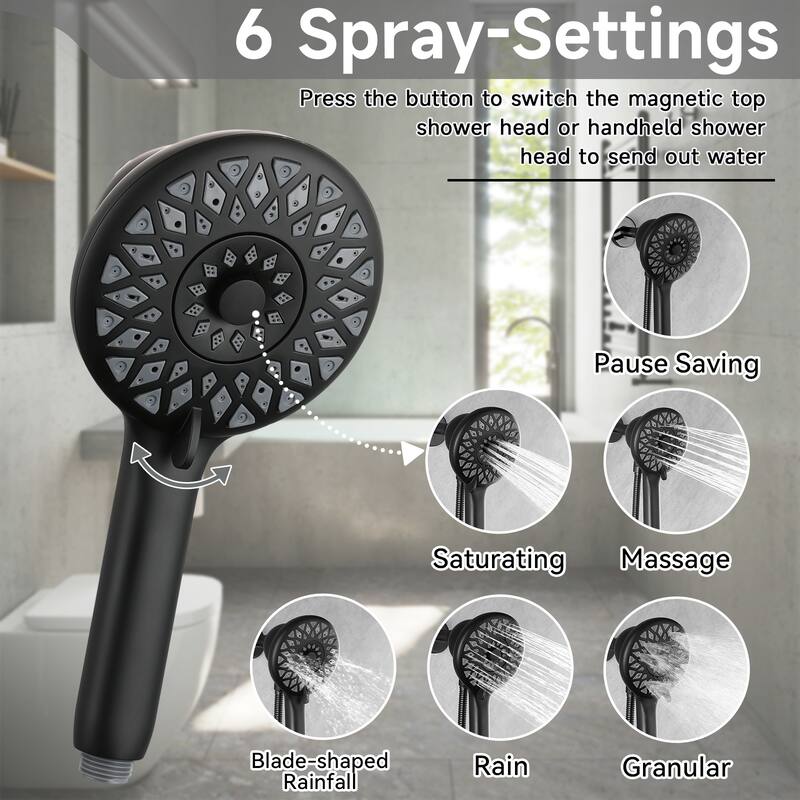 High Pressure Shower Heads 6 Spray Mode, Magnetic Shower Head for Bathroom, Matte Black Handheld Shower