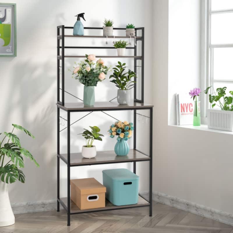 5-Tier Kitchen Bakers Rack with 10 S-Shaped Hooks, Industrial Microwave Oven Stand, Cart Storage Shelf Organizer