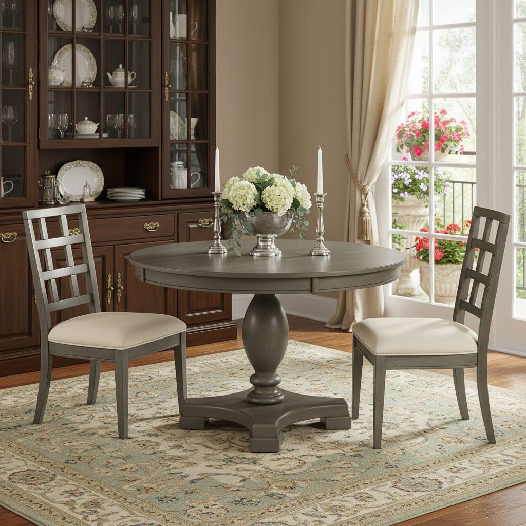 HomeRoots 48" Gray Wood Pedestal Base Round Top Dining Table - 48.00 in. x 30.00 in. x 48.00 in.