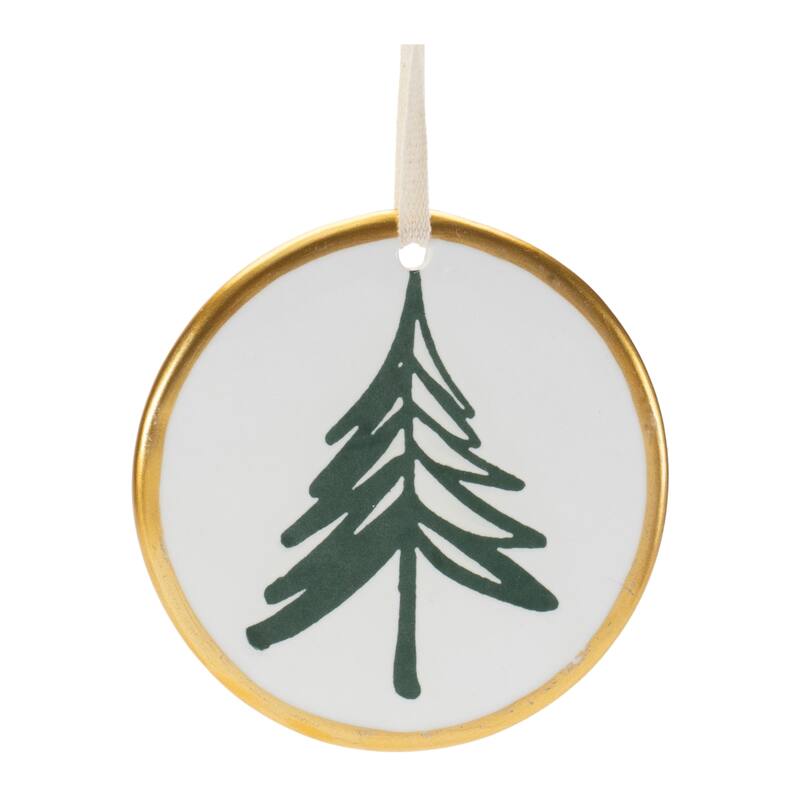 Set of 12 White Green Gold Ceramic Christmas Tree Ornaments Pine Disc Decor for Tree - 3.25”L x 0.25”W x 3.5”H