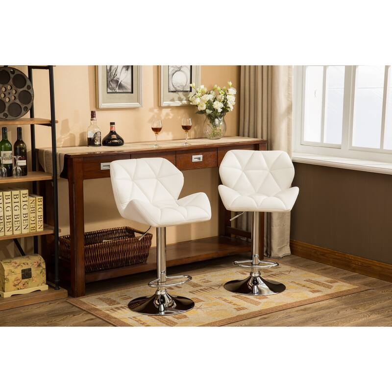 2-Piece Swivel Diamond-Tufted Leather Counter Stools Bar Stools with Adjustable Height & Footrest Dining Stools - White