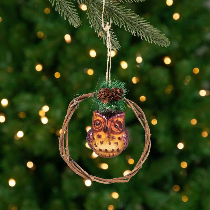 Glittered Owl in a Twig Wreath Glass Christmas Ornament - 5.25" -Brown