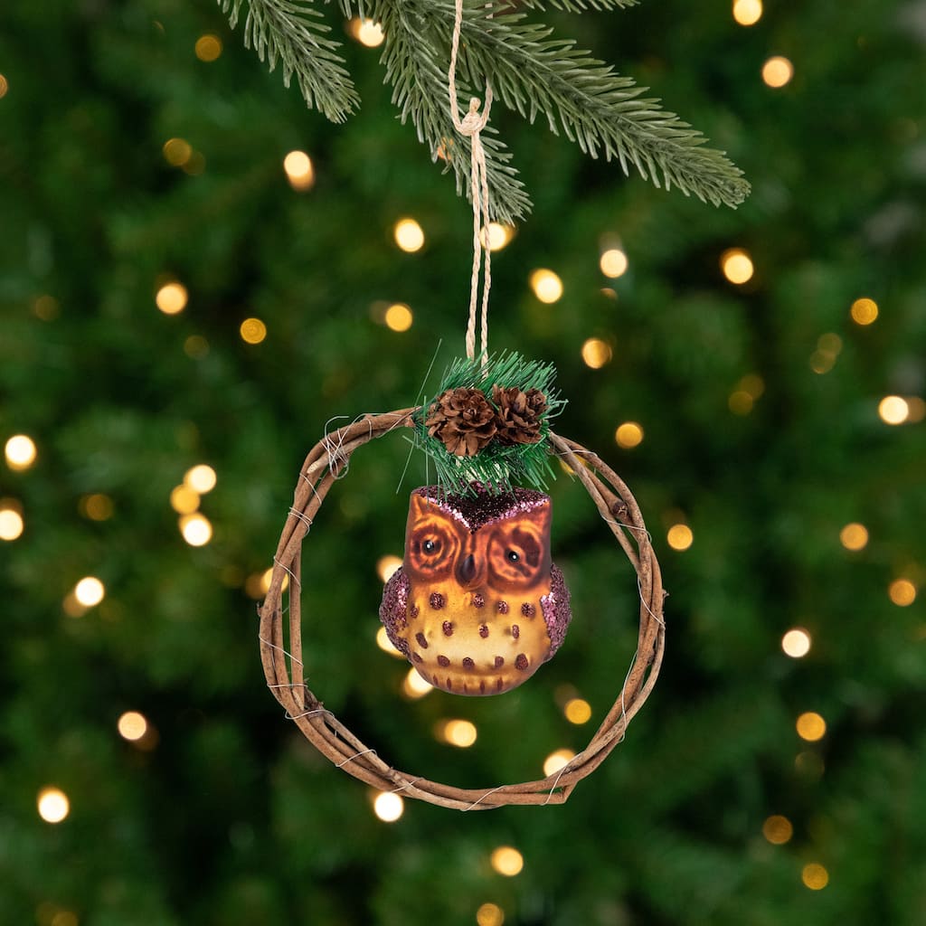 Glittered Owl in a Twig Wreath Glass Christmas Ornament - 5.25" -Brown